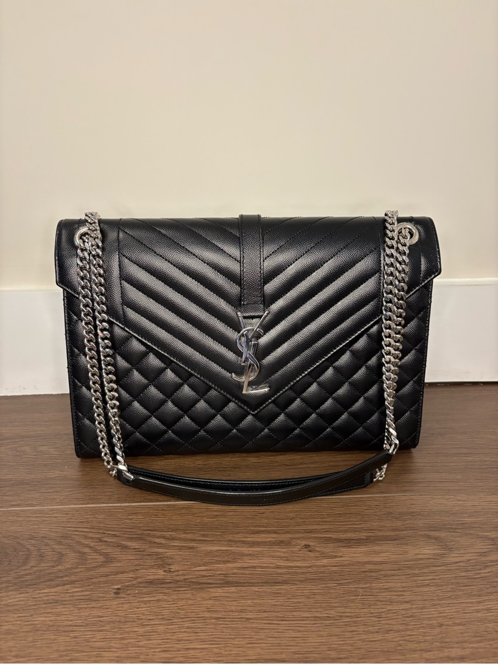 Saint Laurent Black Quilted Chevron and Diamond Envelope Shoulder Bag - Picture 1 of 15